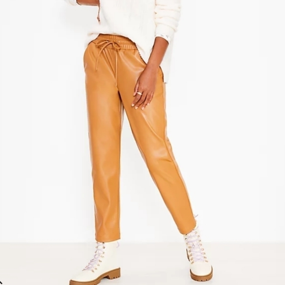 Loft Pull On Slim Pants in Faux Leather in Caramel Tan XL Elastic Waist